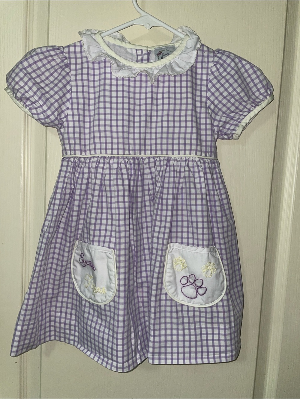 Toddler LSU  purple Check Cotton Dress with Ruffled Collar Embroidery in pockets